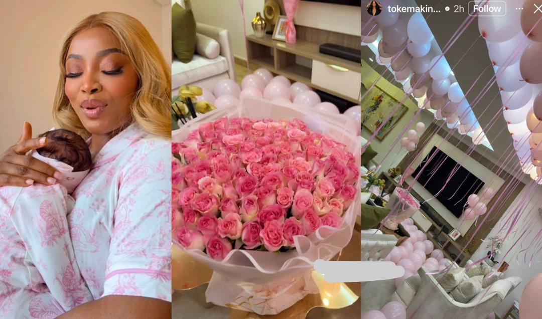 busterblog - Nigeria’s Media Darling Toke Makinwa Welcomed with 100 Pink Roses as She Returns Home with Baby Girl