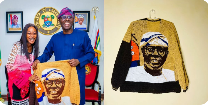 busterblog - A Stitch in Time: Young Crocheter Who Spent 168 Hours Weaving Sanwo-Olu’s Portrait Honoured by Governor