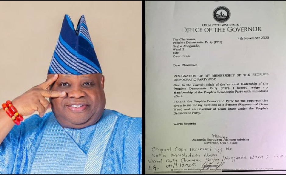 Governor Ademola Adeleke’s Resignation Letter Shakes PDP as Osun Politics Descends Into Uncertainty Ahead of 2026 Battle