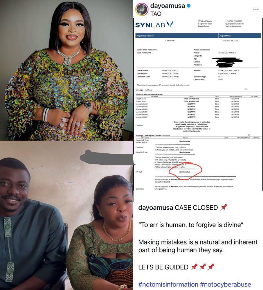 Dayo Amusa Breaks Silence With Negative HIV Test Result, Forgives Content Creator Who Maligned Her