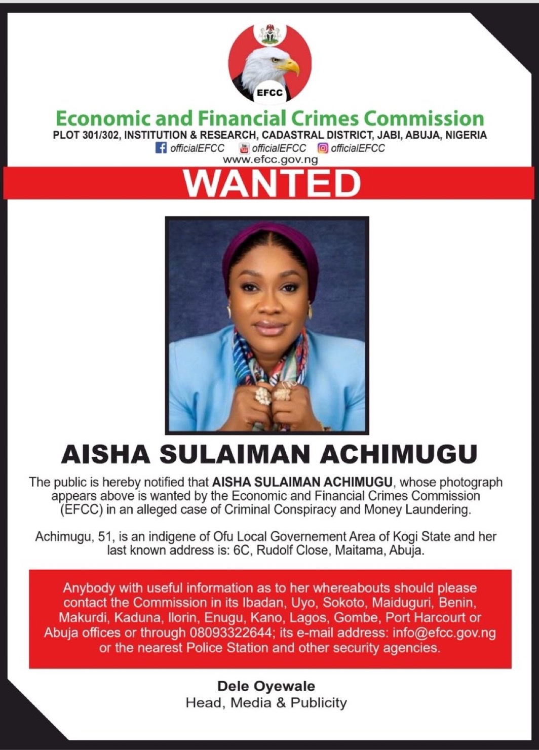 EFCC Declares Socialite Aisha Achimugu Wanted for Alleged Money Laundering
