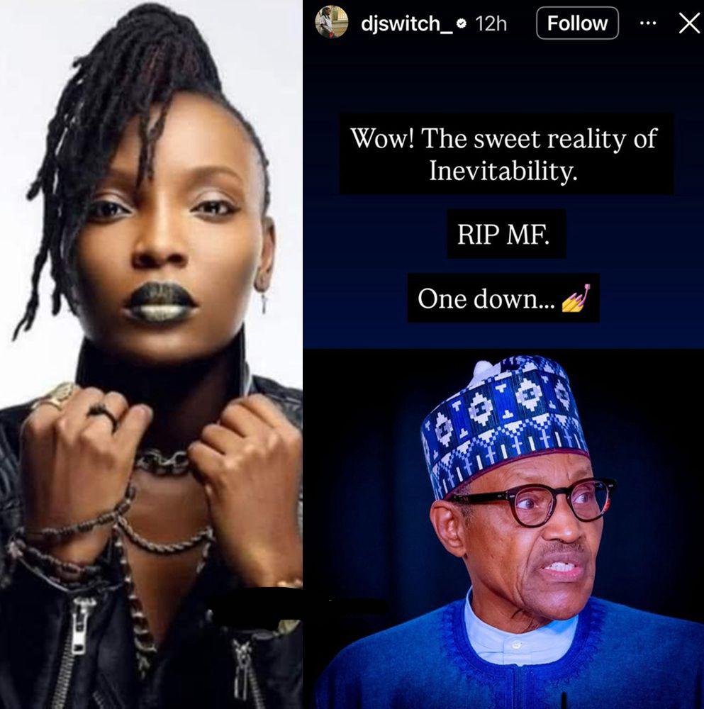 “RIP MF”: DJ Switch Reacts to the Passing of Former President Muhammadu Buhari in Bold Fashion
