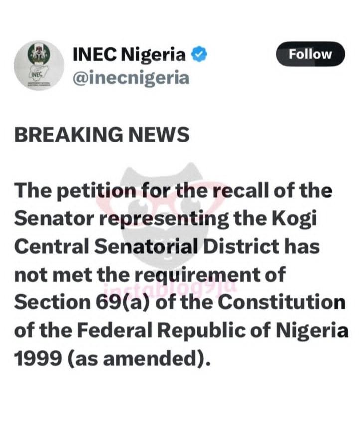 INEC Rejects Petition to Recall Senator Natasha Akpoti-Uduaghan, Citing Constitutional Gaps