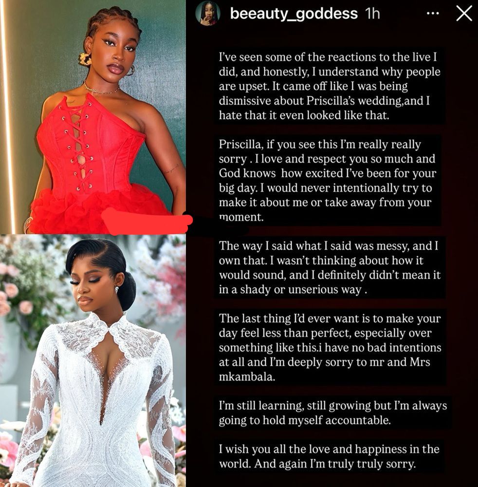 busterblog - "I Messed Up": Beauty Goddess Issues Emotional Apology to Priscilla Ojo Over Wedding Comments