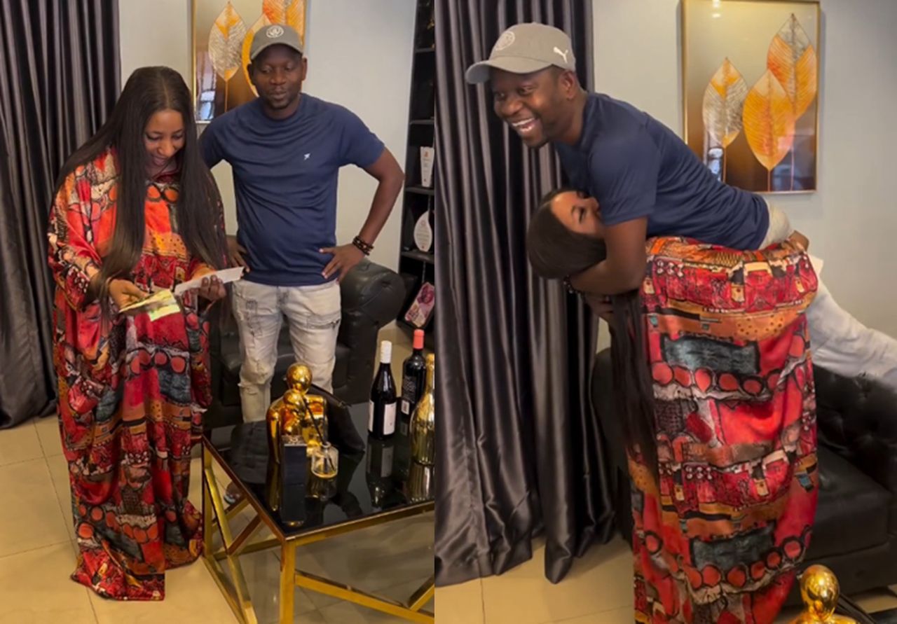 busterblog - “She Carried Him Like a Baby!” — Mide Martins Lifts Husband Afeez Owo in Viral Birthday Surprise Over Pounds Gift