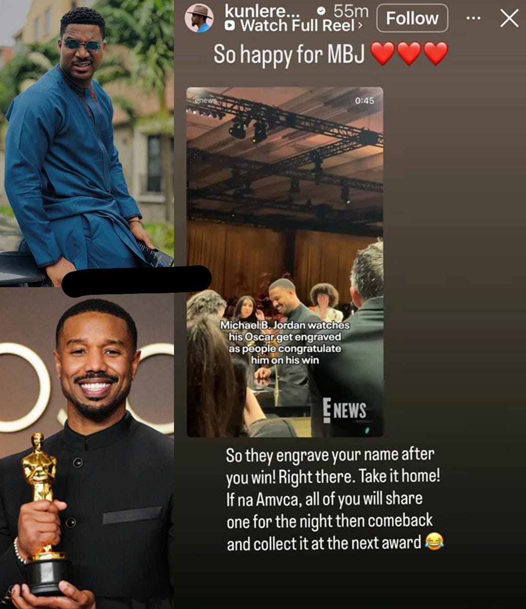 Nollywood actor Kunle Remi stirs laughter and conversation across social media after reacting to the engraving on an Oscar statuette associated with Hollywood star Michael B. Jordan